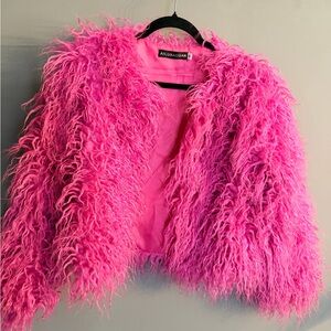 Hot Pink Shaggy Faux Fur Cropped Statement Jacket (M)